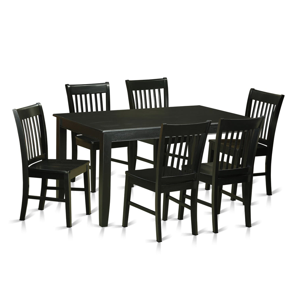 Juego de mesa de cocina de 7 piezas DUNO7-BLK-W de East West Furniture que consta de una mesa de comedor rectangular y 6 sillas de comedor.