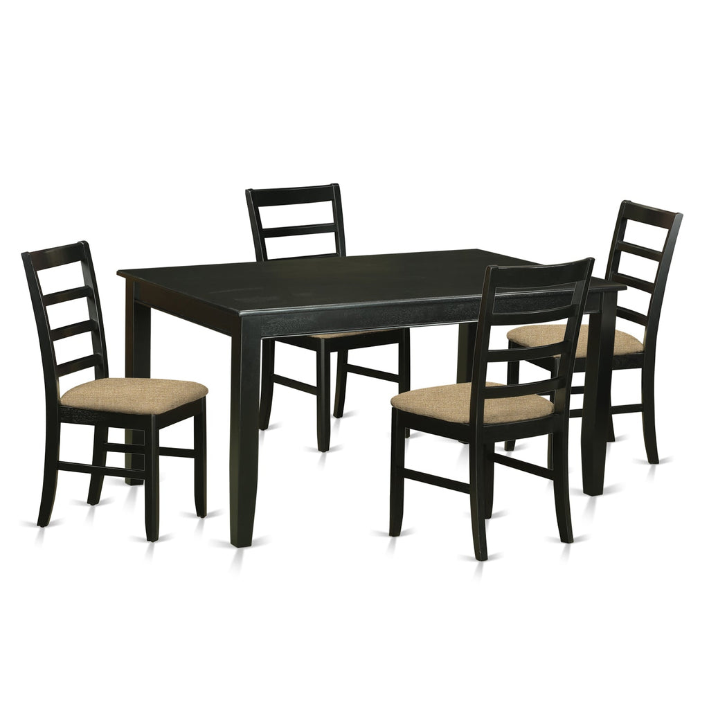 Juego de comedor de 5 piezas East West Furniture DUPF5-BLK-C. Incluye una mesa de comedor rectangular y 4 sillas tapizadas en tela de lino.