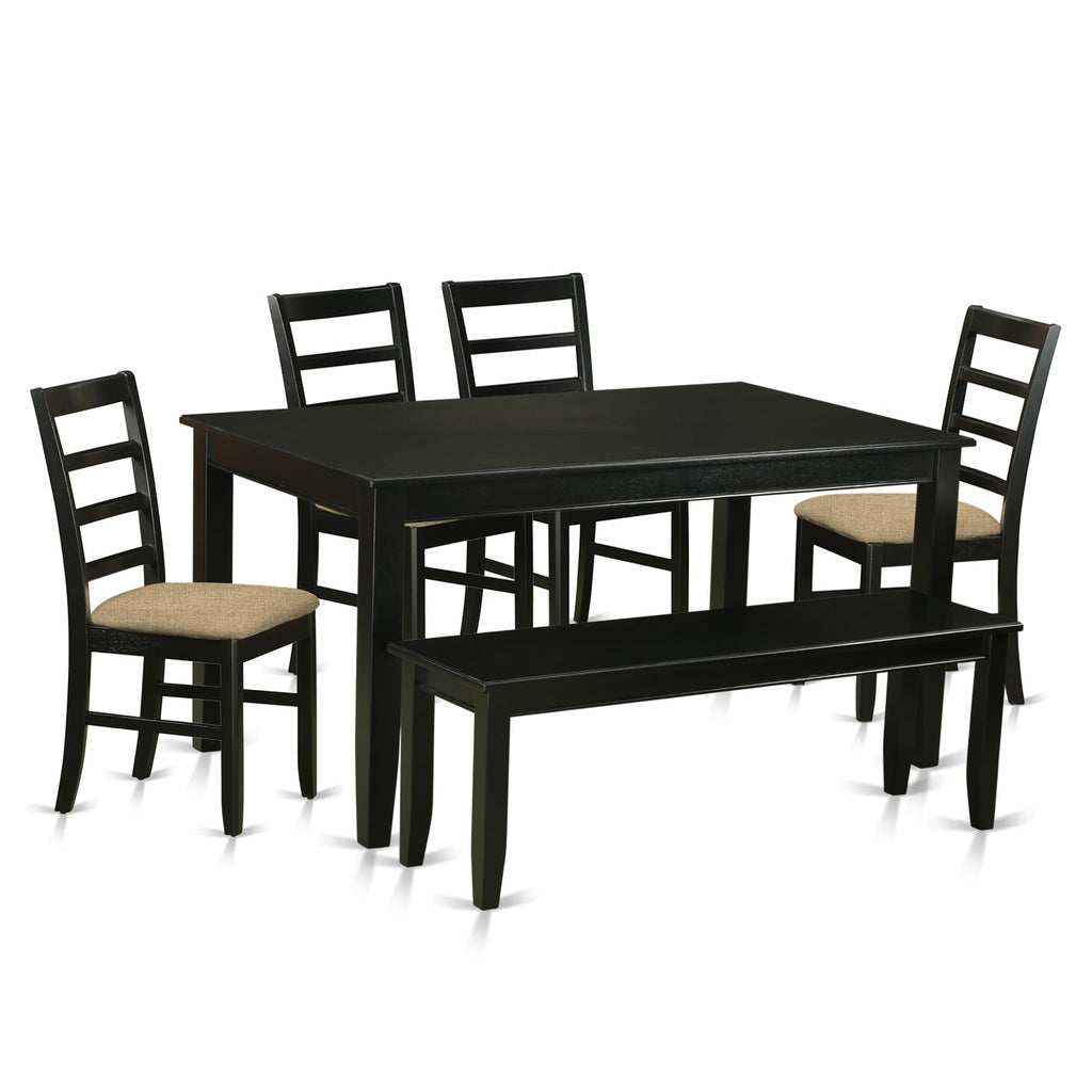 Juego de muebles de comedor East West Furniture DUPF6-BLK-C de 6 piezas. Contiene una mesa de cocina rectangular y 4 sillas de comedor de tela de lino con un banco.