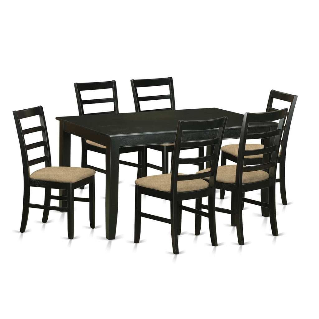 Juego de mesa de comedor East West Furniture DUPF7-BLK-C de 7 piezas compuesto por una mesa de cocina rectangular y 6 sillas de comedor tapizadas en tela de lino.