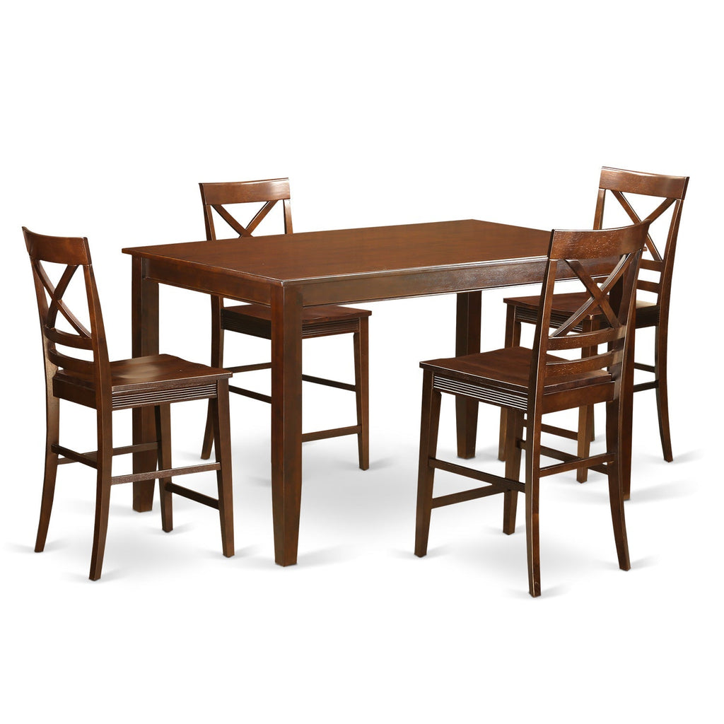 Juego de mesa de comedor de 5 piezas East West Furniture DUQU5H-MAH-W con altura de mostrador. Incluye una mesa de cocina rectangular y 4 sillas de comedor.