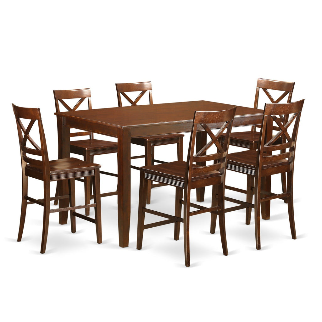 East West Furniture DUQU7H-MAH-W 7 Piece Kitchen Counter Height Dining Table Set  Consist of a Rectangle Dining Room Table and 6 Wooden Seat Chairs, 36x60 Inch, Mahogany