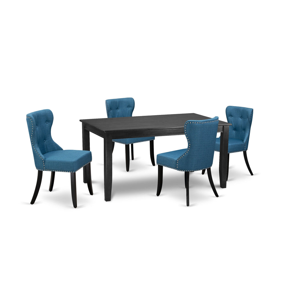 El juego de mesa de comedor de 5 piezas DUSI5-BLK-21 de East West Furniture incluye una mesa de cocina rectangular y 4 sillas de comedor Parson de tela de lino azul.