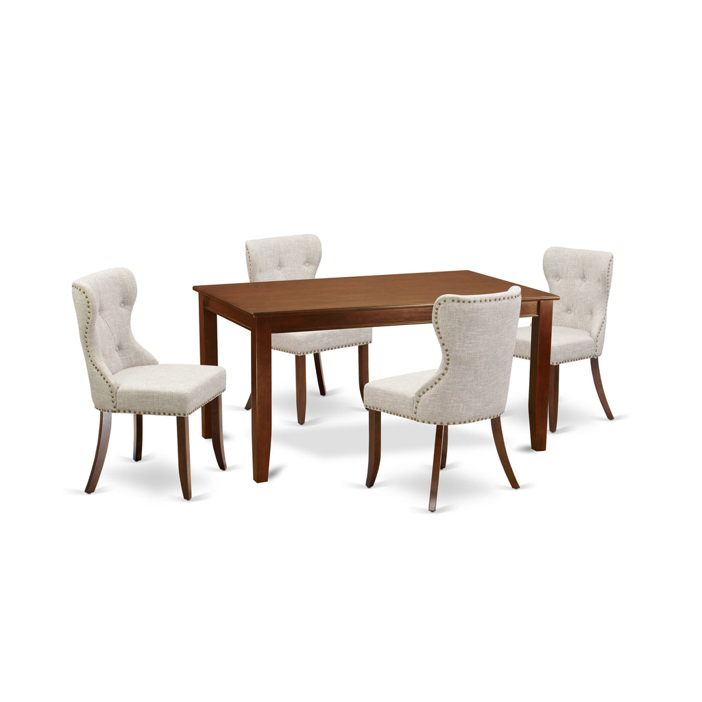 Juego de comedor de 5 piezas DUSI5-MAH-35 de East West Furniture. Incluye una mesa de comedor rectangular y 4 sillas Parson tapizadas en tela de lino y piel de venado.