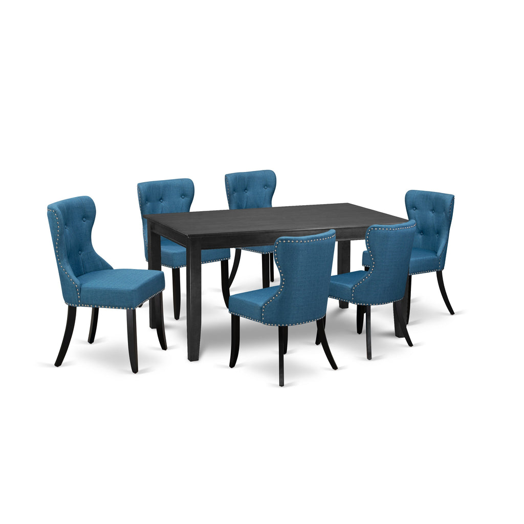 East West Furniture DUSI7-BLK-21 7 Piece Dining Table Set Consist of a Rectangle Kitchen Table and 6 Blue Linen Fabric Parsons Dining Chairs