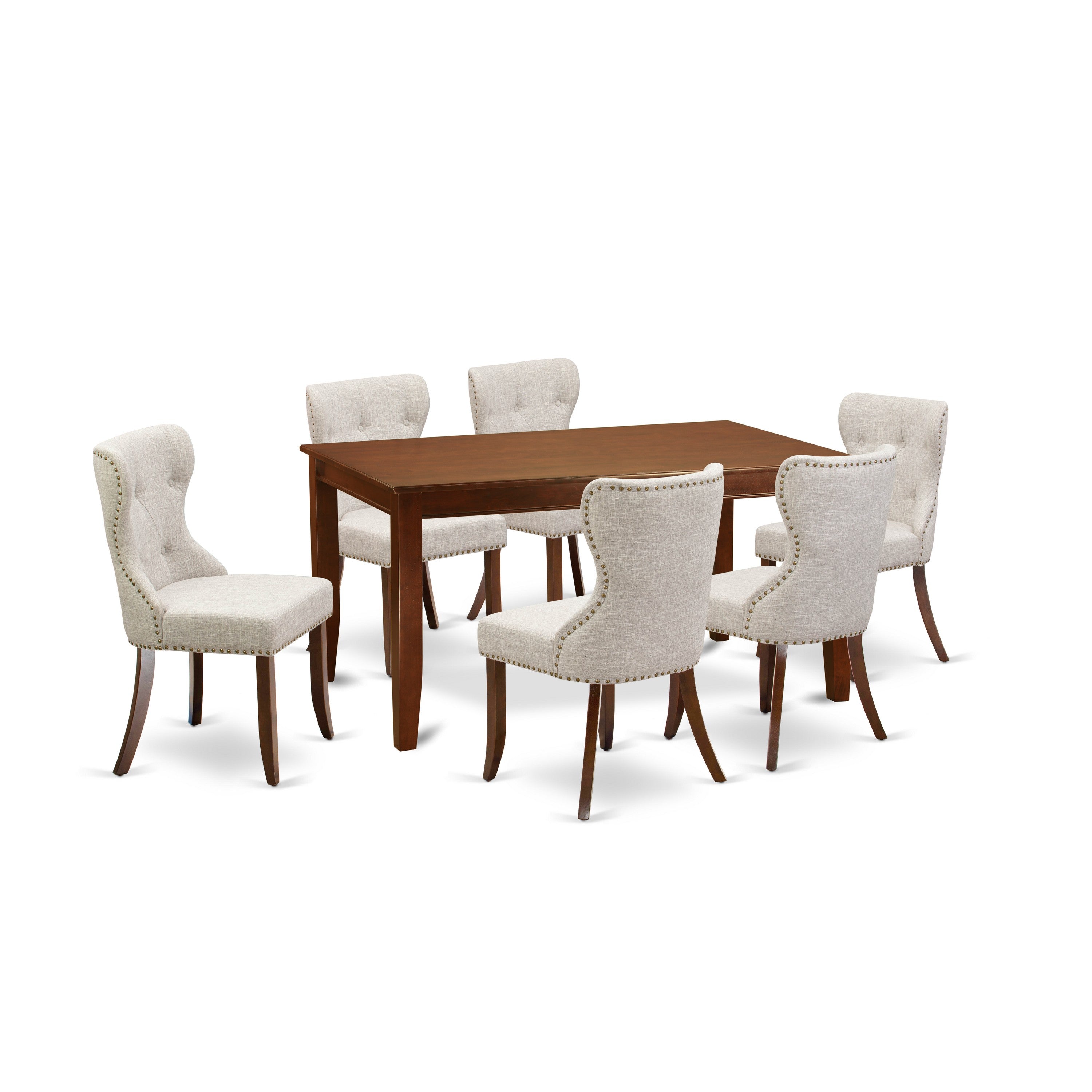 Juego de mesa de comedor de 7 piezas DUSI7-MAH-35 de East West Furniture. Incluye una mesa de comedor rectangular y 6 sillas Parsons de tela de lino y piel de venado.