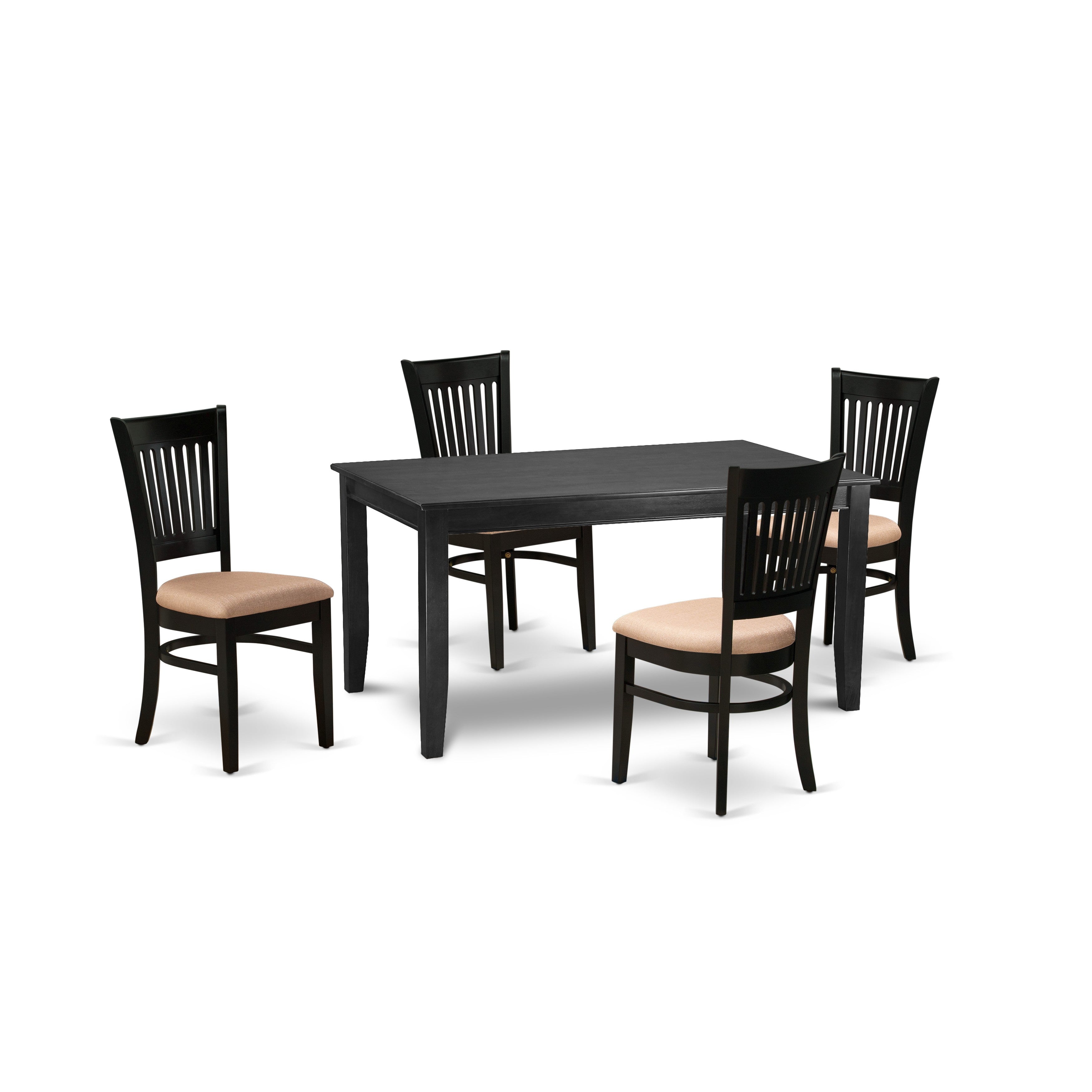 East West Furniture DUVA5-BLK-C 5-Pc Kitchen Dining table set-4 Kitchen Dining Chairs with Slatted Back and Linen fabric seat-A Wood Dining Table with Rectangular Top and 4 Legs- Black Finish