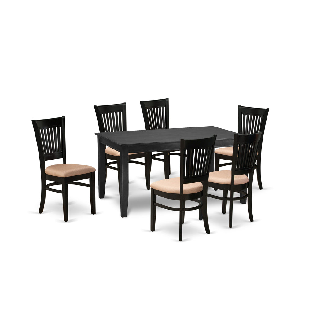 Juego de mesa y sillas de cocina de 7 piezas DUVA7-BLK-C de East West Furniture. Consta de una mesa de comedor rectangular y 6 sillas de comedor de tela de lino.