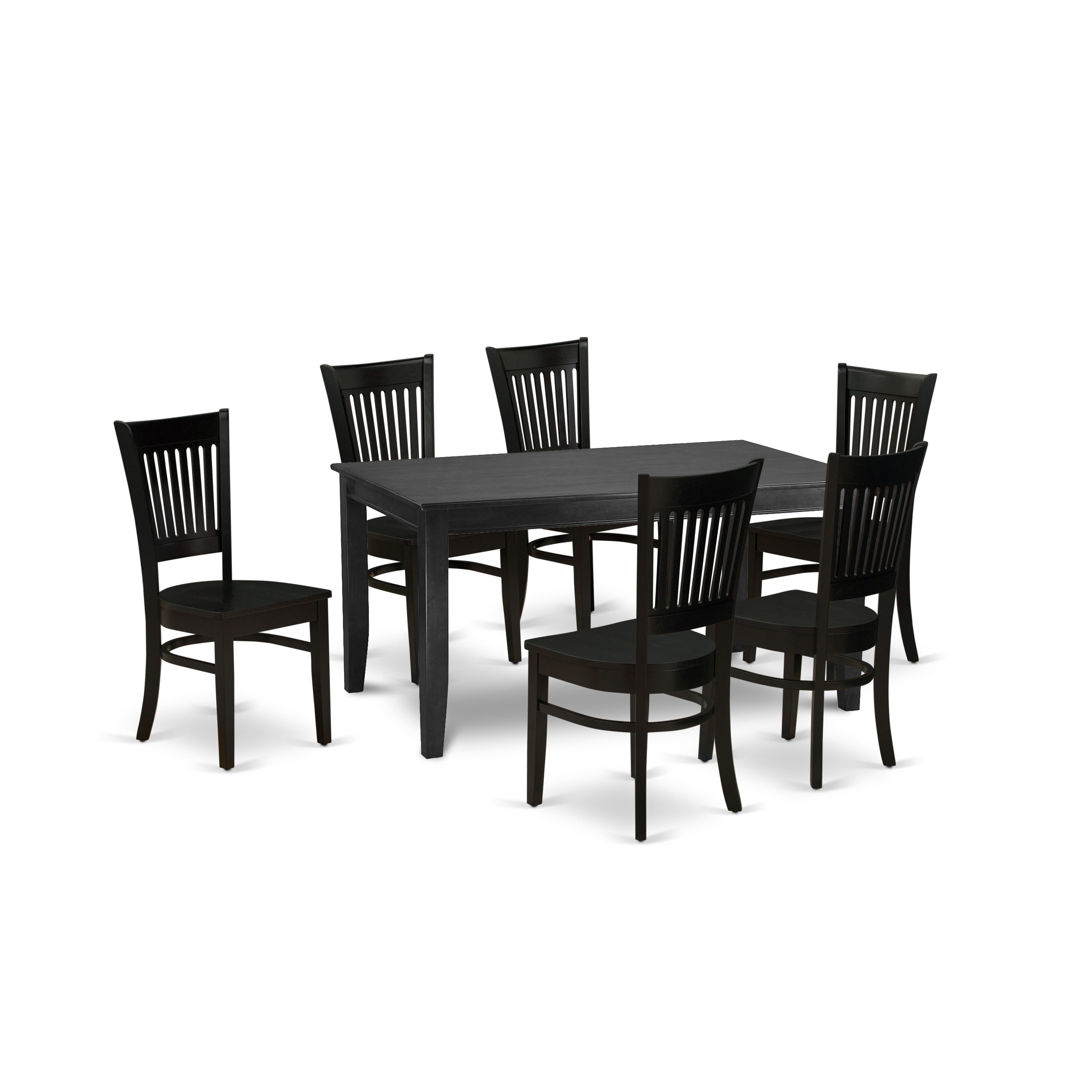 East West Furniture DUVA7-BLK-W 7-Piece Small Dining Table Set-6wooden Chairs with Slatted Back and wooden seat-A Mid Century Dining Table with Rectangular Top and 4 Legs- Black Finish