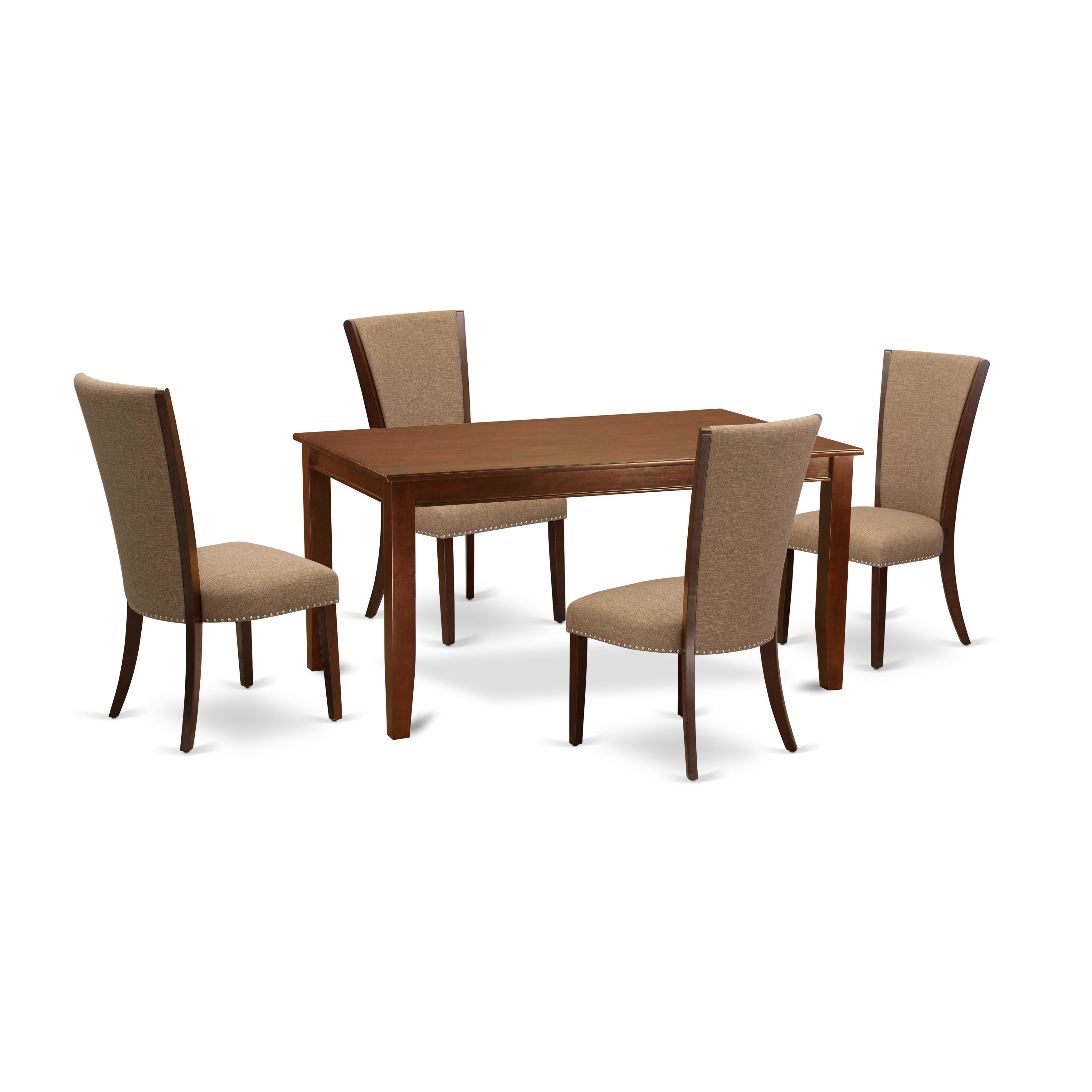 El juego de comedor de 5 piezas DUVE5-MAH-47 de East West Furniture incluye una mesa de comedor rectangular y 4 sillas Parson tapizadas en tela de lino color sable claro.