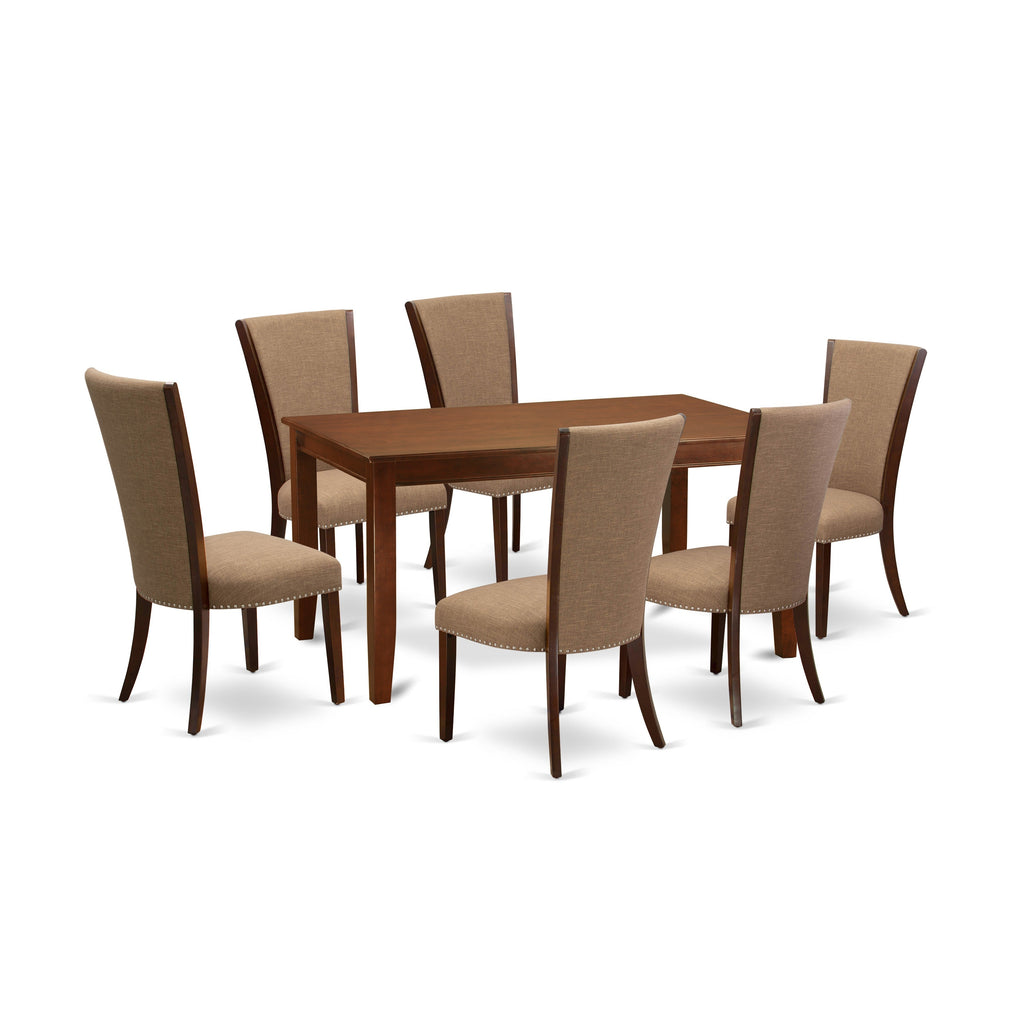 Juego de comedor de 7 piezas DUVE7-MAH-47 de East West Furniture compuesto por una mesa de comedor rectangular y 6 sillas Parson tapizadas en tela de lino color sable claro.