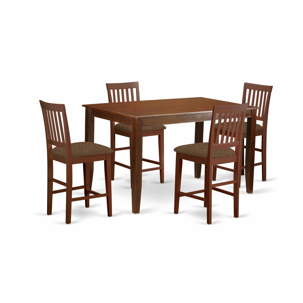 El juego de encimera de cocina de 5 piezas East West Furniture DUVN5H-MAH-C incluye una mesa de comedor rectangular y 4 sillas de comedor tapizadas en tela de lino.
