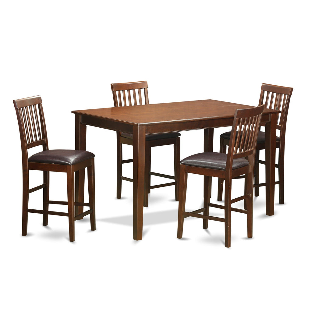 Juego de mesa de comedor de 5 piezas East West Furniture DUVN5H-MAH-LC con altura de mostrador. Incluye una mesa de cocina rectangular y 4 sillas de comedor tapizadas en piel sintética.