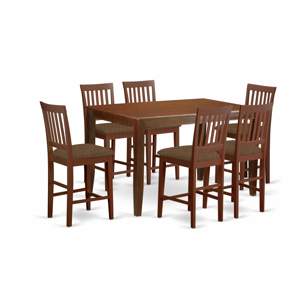 Juego de encimera de cocina de 7 piezas East West Furniture DUVN7H-MAH-C compuesto por una mesa de comedor rectangular y 6 sillas de comedor de tela de lino.