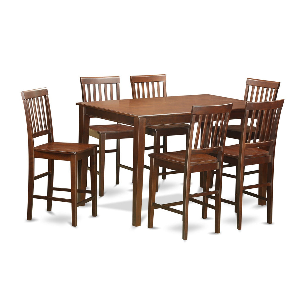 Juego de mesa de comedor East West Furniture DUVN7H-MAH-W de 7 piezas con altura de mostrador para cocina. Incluye una mesa de comedor rectangular y 6 sillas de madera.