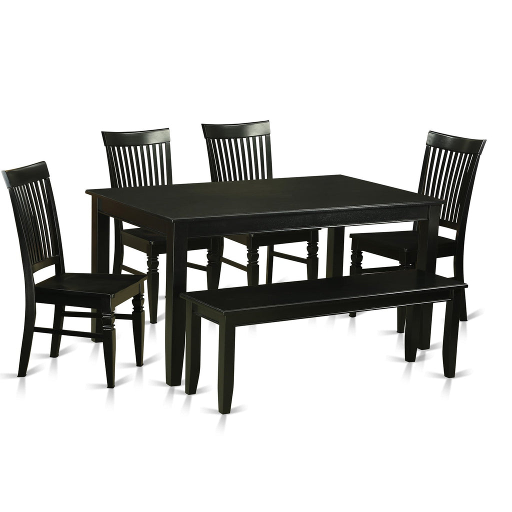 Juego de comedor de 6 piezas DUWE6-BLK-W de East West Furniture. Contiene una mesa de comedor rectangular y 4 sillas de cocina con un banco.