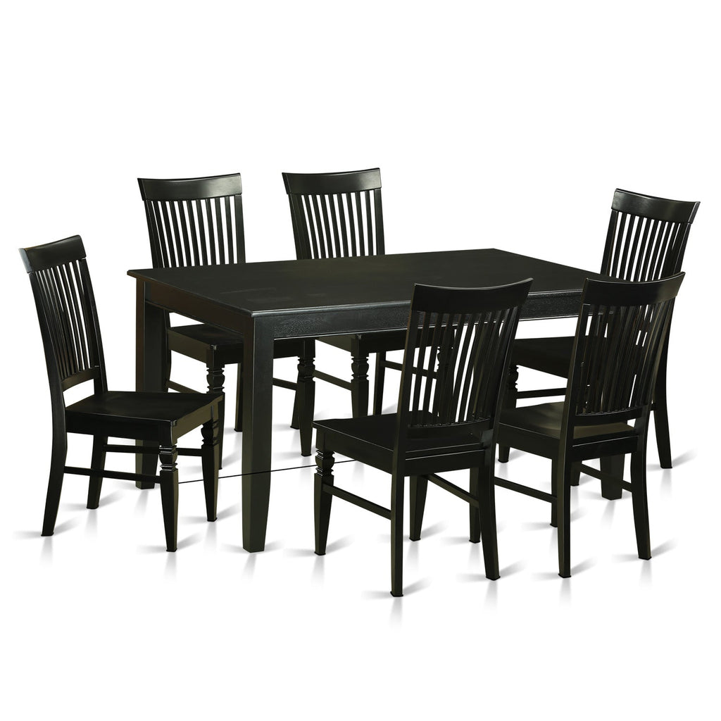 Juego de mesa y sillas de cocina de 7 piezas DUWE7-BLK-W de East West Furniture. Consta de una mesa de comedor rectangular y 6 sillas de madera maciza.