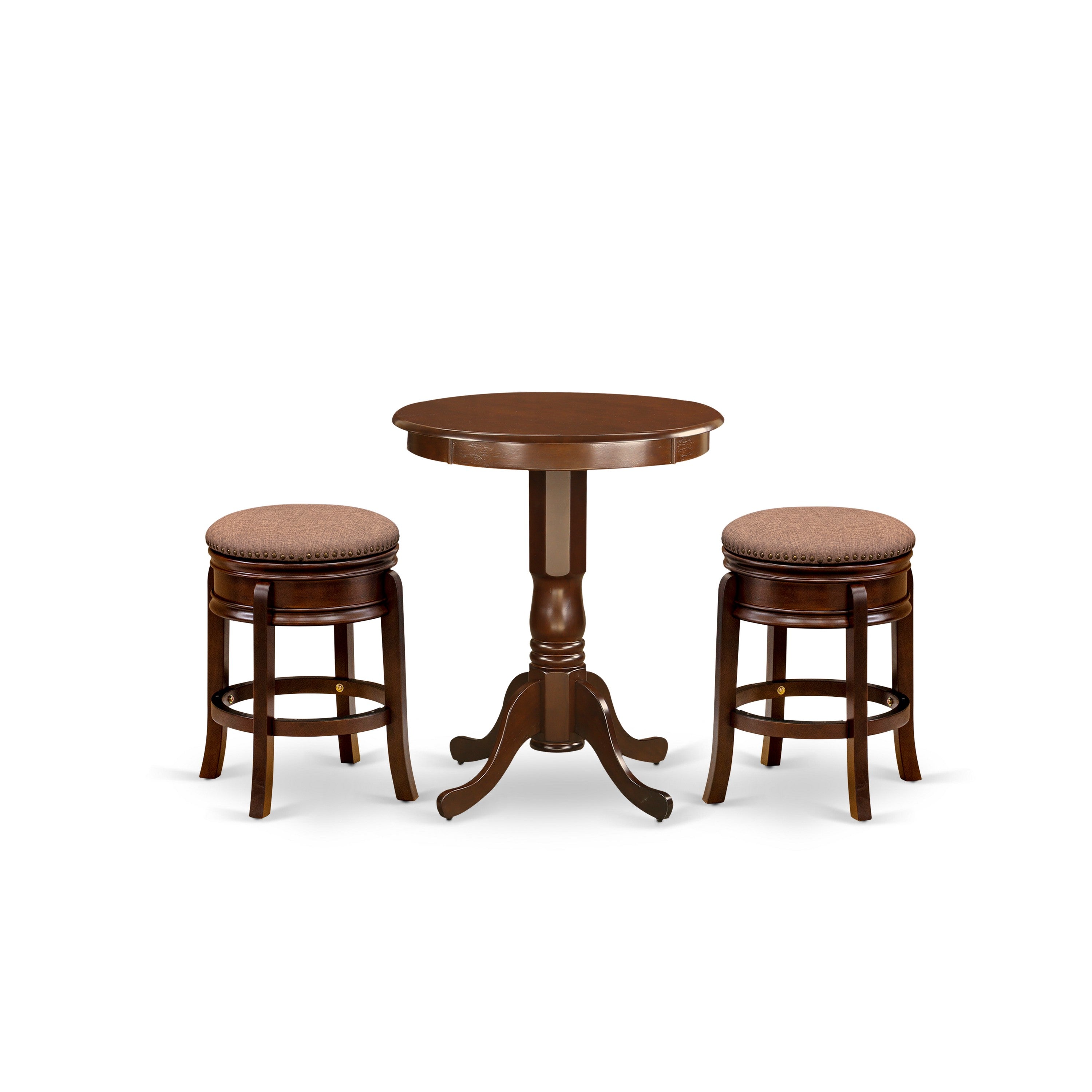 East West Furniture EDAM3-MAH-03 3-Pc Kitchen Table set with 2 Nail Head backless counter height barstool and 1 Dining Room Table - Mahogany Finish