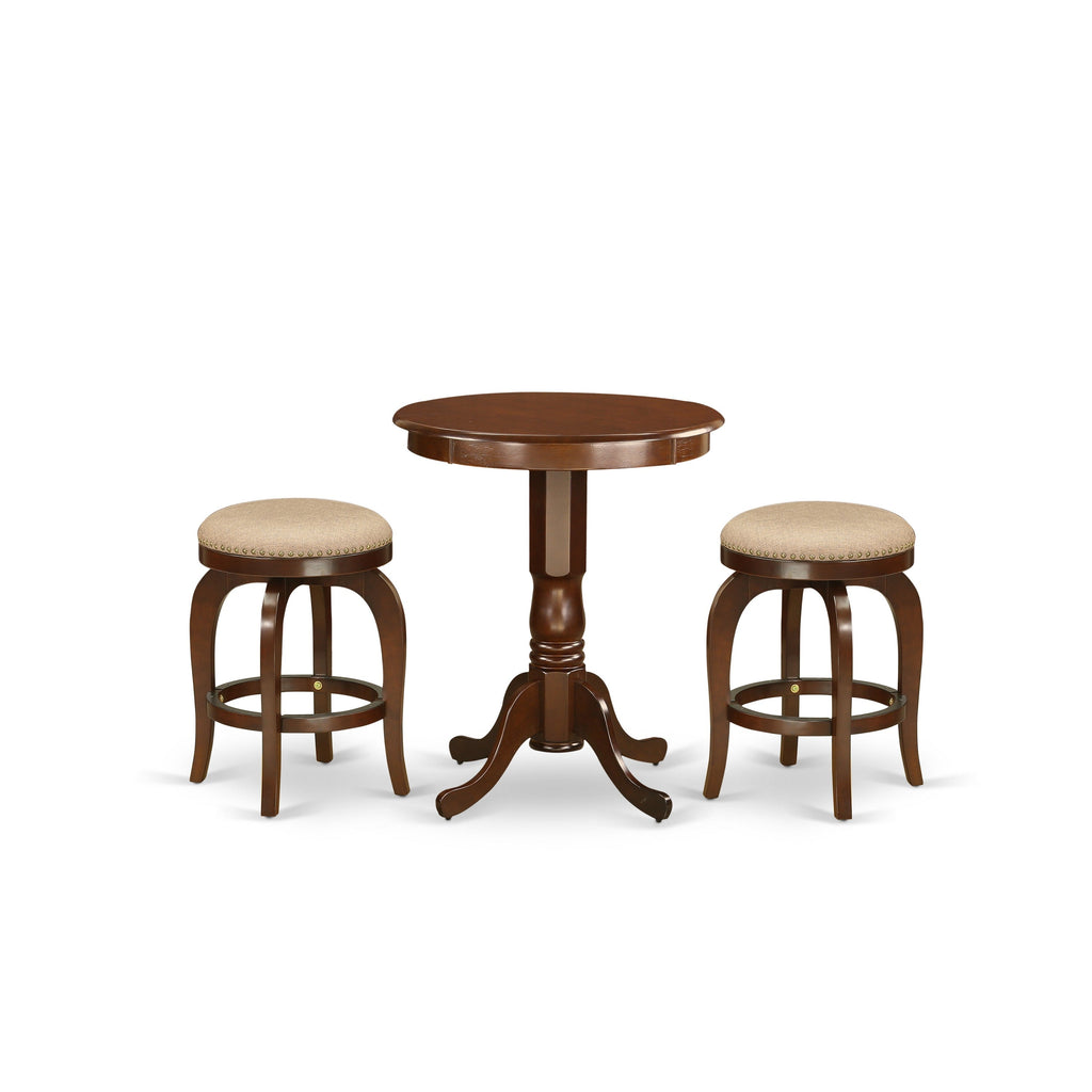 East West Furniture EDBF3-MAH-03 3 Piece Kitchen Counter Height Dining Table Set  Contains a Round Wooden Table with Pedestal and 2 Backless Stools