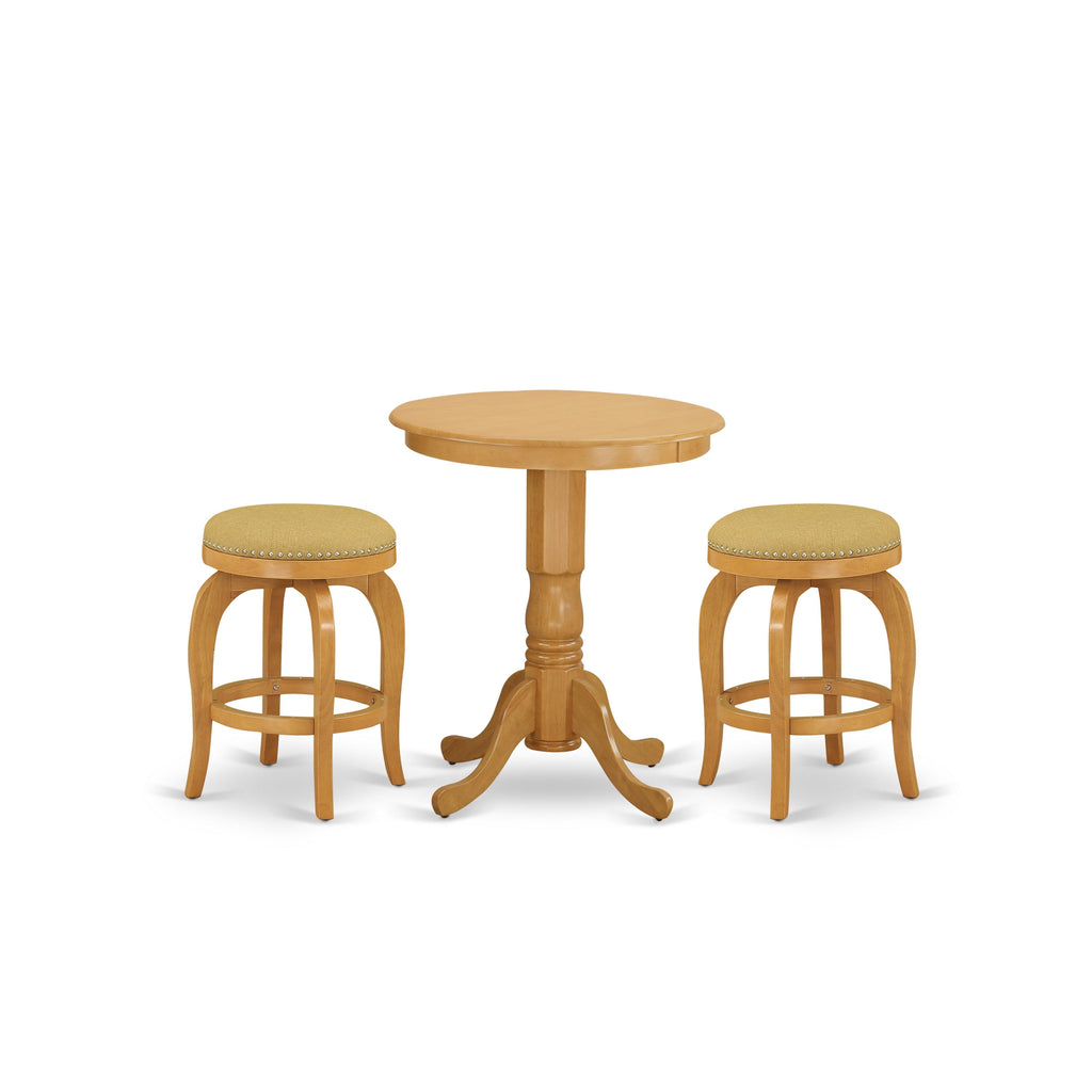 East West Furniture EDBF3-OAK-16 3 Piece Counter Height Dining Table Set Contains a Round Kitchen Table with Pedestal and 2 Backless Stools