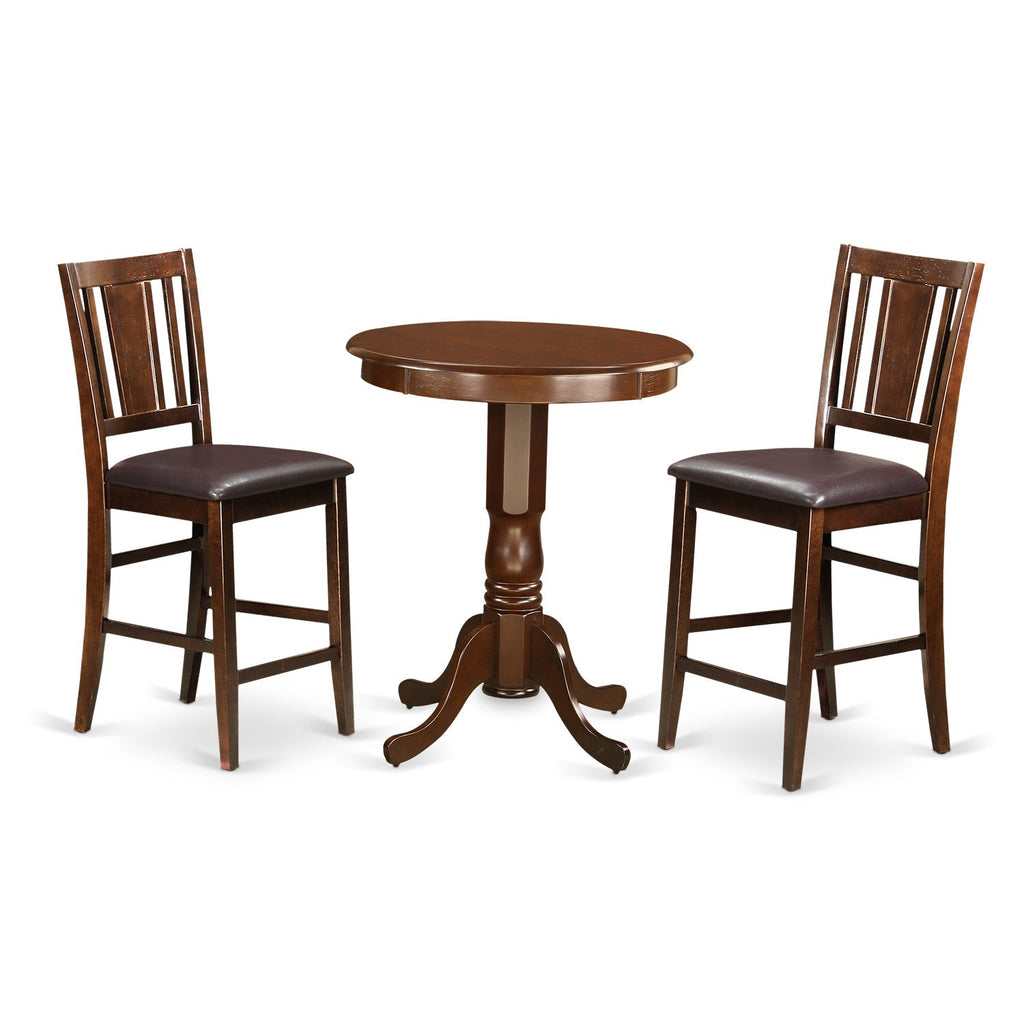 East West Furniture EDBU3-MAH-LC 3 Piece Counter Height Dining Table Set  Contains a Round Wooden Table with Pedestal and 2 Faux Leather Upholstered Chairs