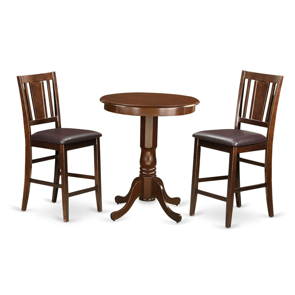 East West Furniture EDBU3-MAH-LC 3 Piece Counter Height Dining Table Set  Contains a Round Wooden Table with Pedestal and 2 Faux Leather Upholstered Chairs, 30x30 Inch, Mahogany