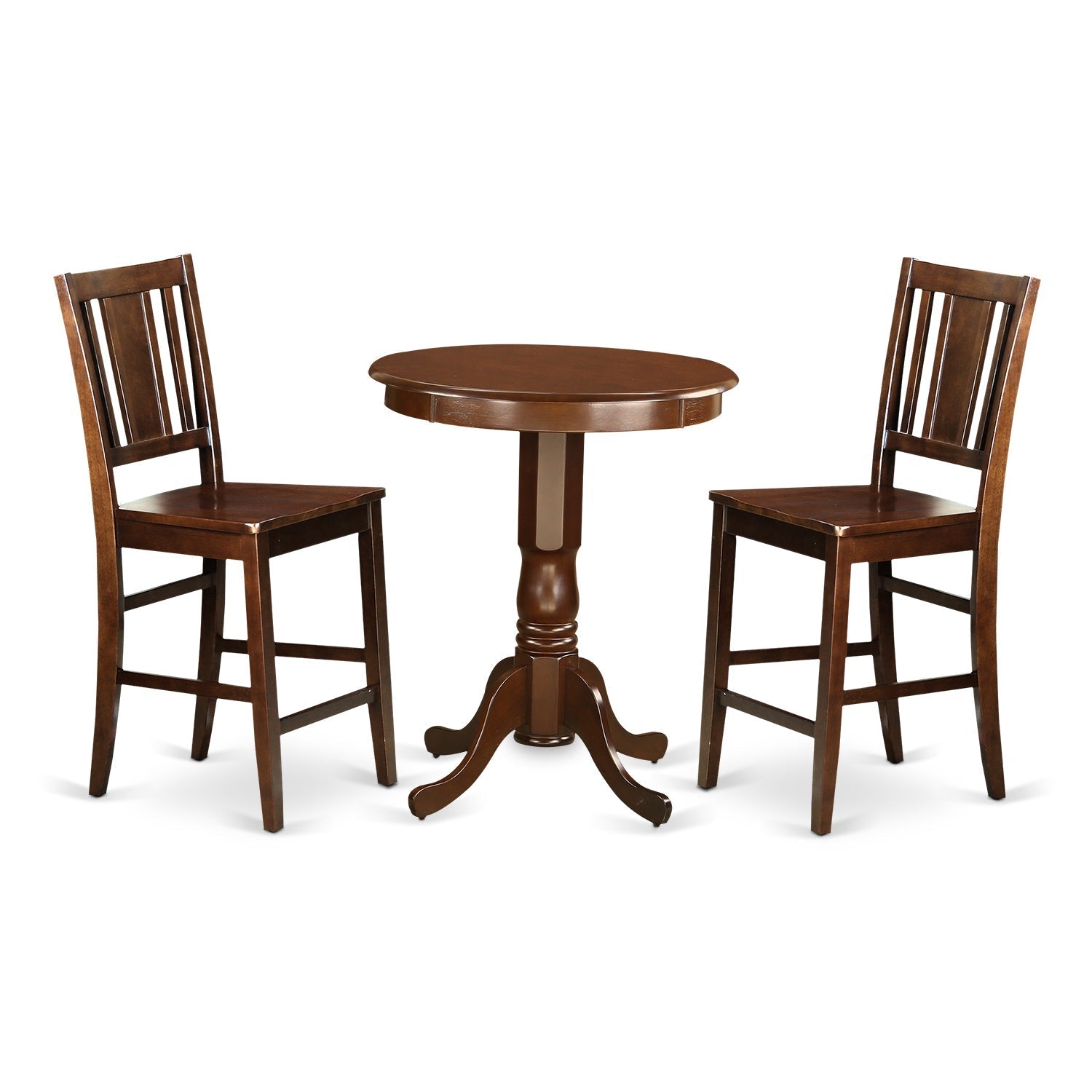 Juego de pub de 3 piezas East West Furniture EDBU3-MAH-W con altura de mostrador para espacios pequeños. Incluye una mesa de comedor redonda con pedestal y dos sillas de cocina.