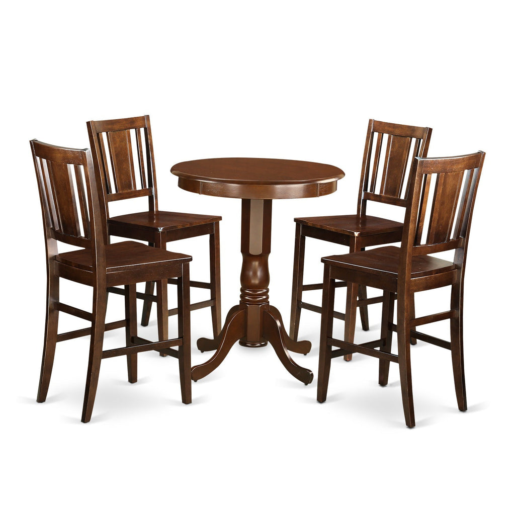 East West Furniture EDBU5-MAH-W 5 Piece Kitchen Counter Set Includes a Round Dining Table with Pedestal and 4 Dining Room Chairs, 30x30 Inch, Mahogany