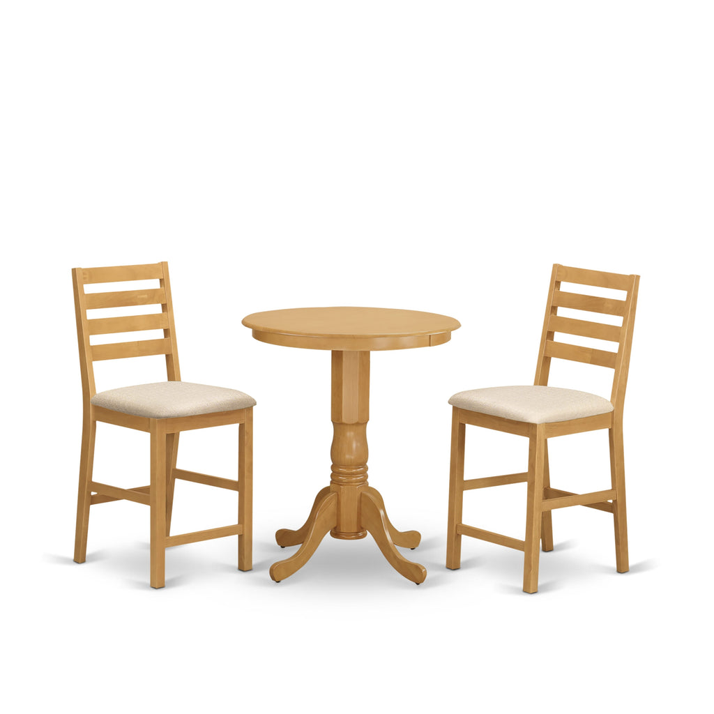 East West Furniture EDCF3-OAK-C 3 Piece Counter Height Dining Set for Small Spaces Contains a Round Kitchen Table with Pedestal and 2 Linen Fabric Dining Chairs