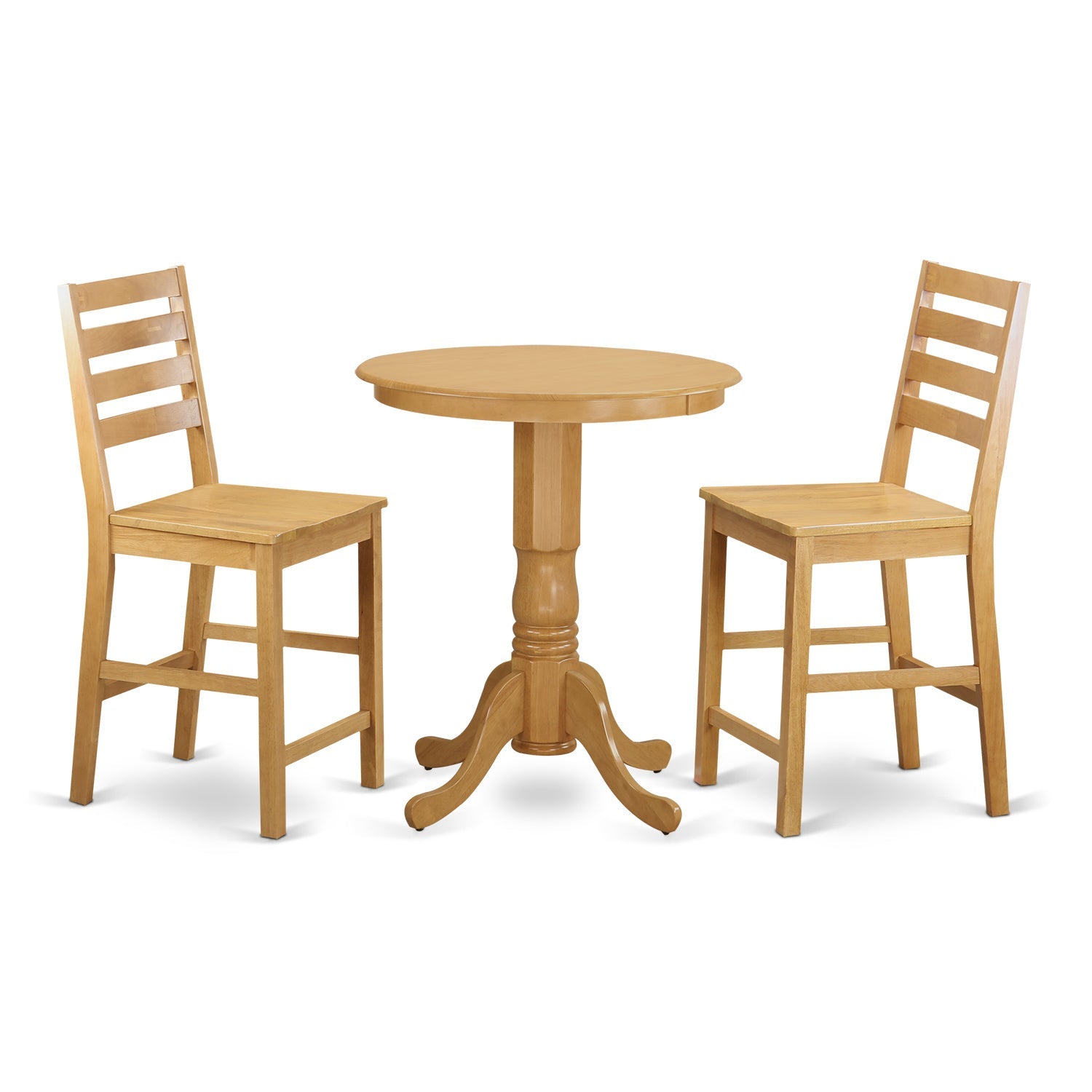Juego de comedor de 3 piezas East West Furniture EDCF3-OAK-W con altura de mostrador para espacios pequeños. Contiene una mesa de comedor redonda con pedestal y 2 sillas con asiento de madera.