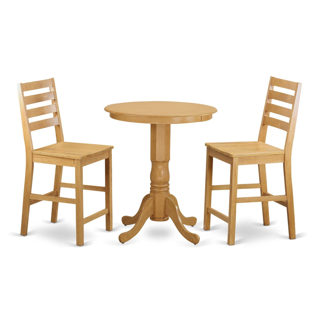 Juego de comedor de 3 piezas East West Furniture EDCF3-OAK-W con altura de mostrador para espacios pequeños. Contiene una mesa de comedor redonda con pedestal y 2 sillas con asiento de madera.