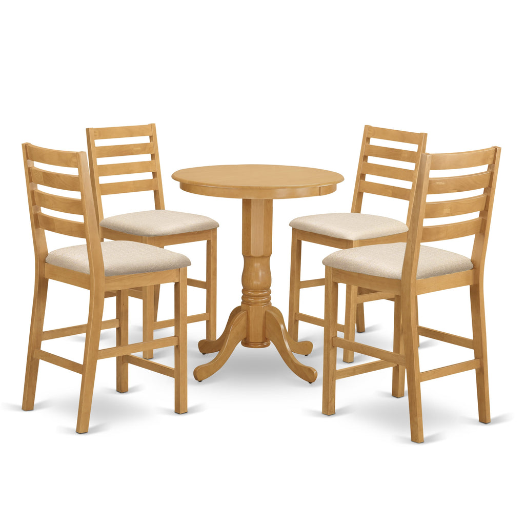Juego de comedor de 5 piezas East West Furniture EDCF5-OAK-C con altura de mostrador. Incluye una mesa de cocina redonda con pedestal y 4 sillas de comedor de tela de lino.