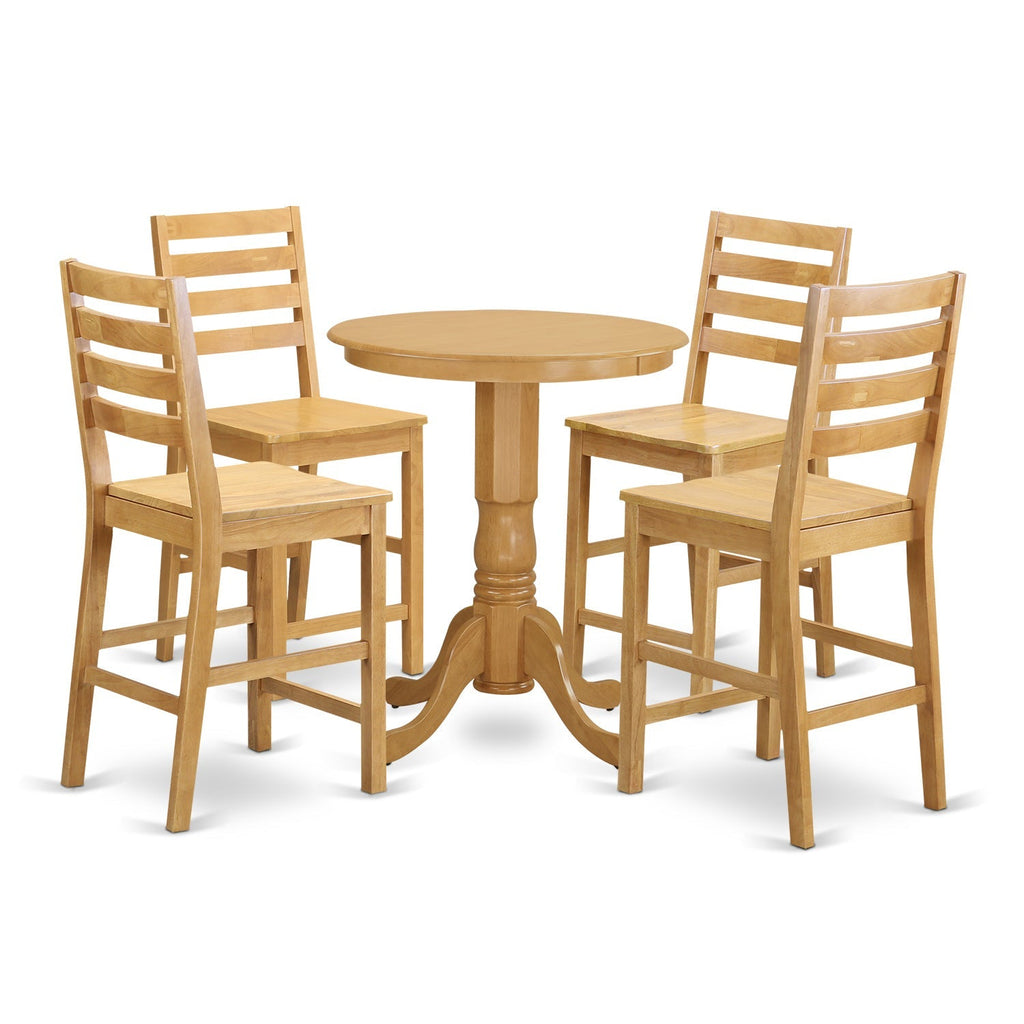 East West Furniture EDCF5-OAK-W 5 Piece Kitchen Counter Set Includes a Round Dining Table with Pedestal and 4 Dining Room Chairs, 30x30 Inch, Oak