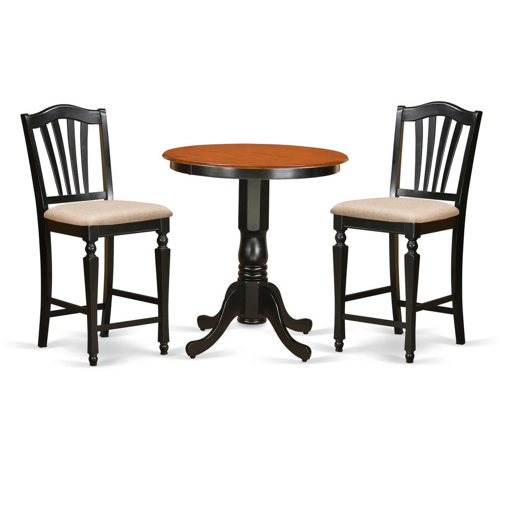 East West Furniture EDCH3-BLK-C 3 Piece Counter Height Dining Table Set Contains a Round Kitchen Table with Pedestal and 2 Linen Fabric Upholstered Dining Chairs, 30x30 Inch, Black & Cherry