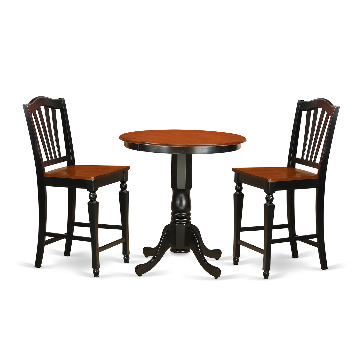 Juego de encimera de cocina de 3 piezas EDCH3-BLK-W de East West Furniture para espacios pequeños. Contiene una mesa de comedor redonda con pedestal y 2 sillas de comedor.