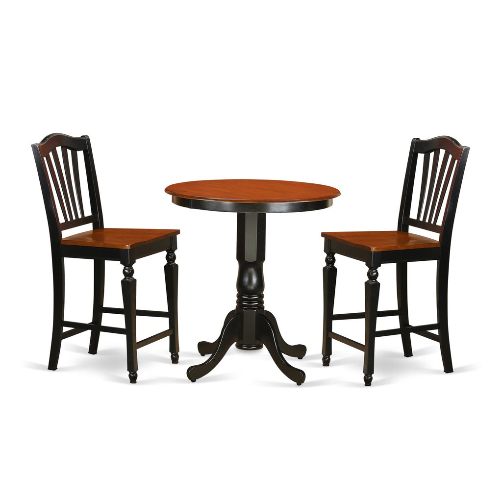 East West Furniture EDCH3-BLK-W 3 Piece Kitchen Counter Set for Small Spaces Contains a Round Dining Room Table with Pedestal and 2 Dining Chairs, 30x30 Inch, Black & Cherry