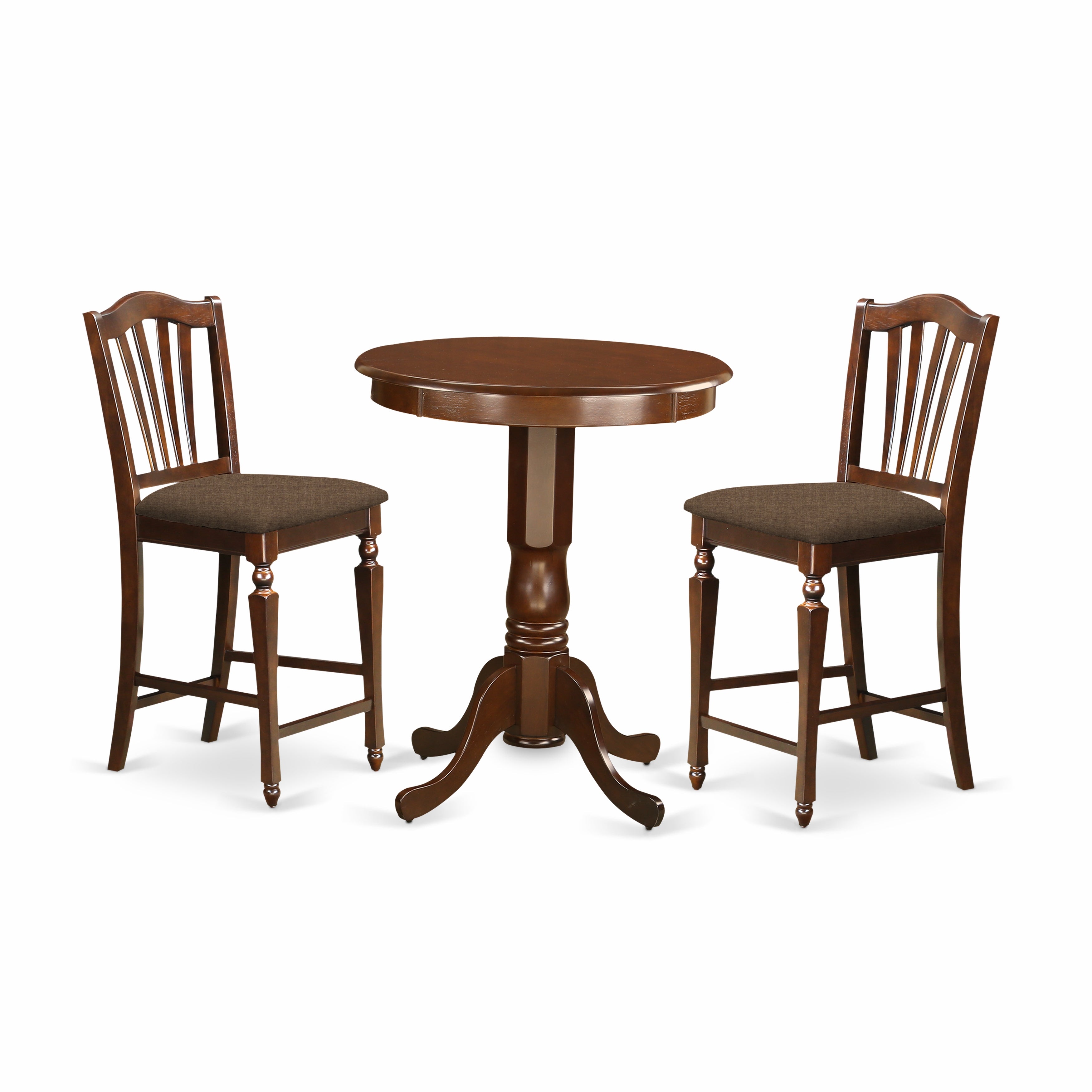 Juego de mesa de comedor de 3 piezas East West Furniture EDCH3-MAH-C con altura de mostrador para cocina. Incluye una mesa de bar redonda con pedestal y 2 sillas tapizadas en tela de lino.