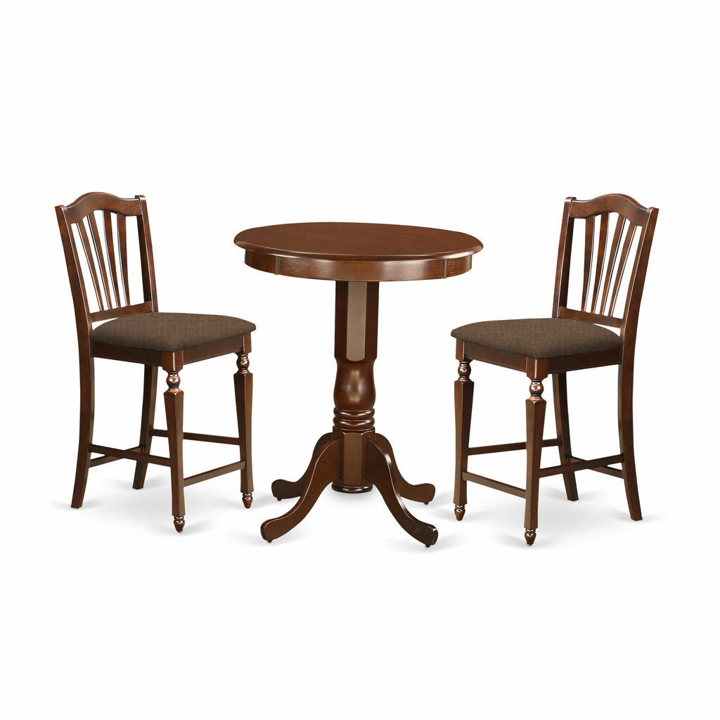 Juego de mesa de comedor de 3 piezas East West Furniture EDCH3-MAH-C con altura de mostrador para cocina. Incluye una mesa de bar redonda con pedestal y 2 sillas tapizadas en tela de lino.