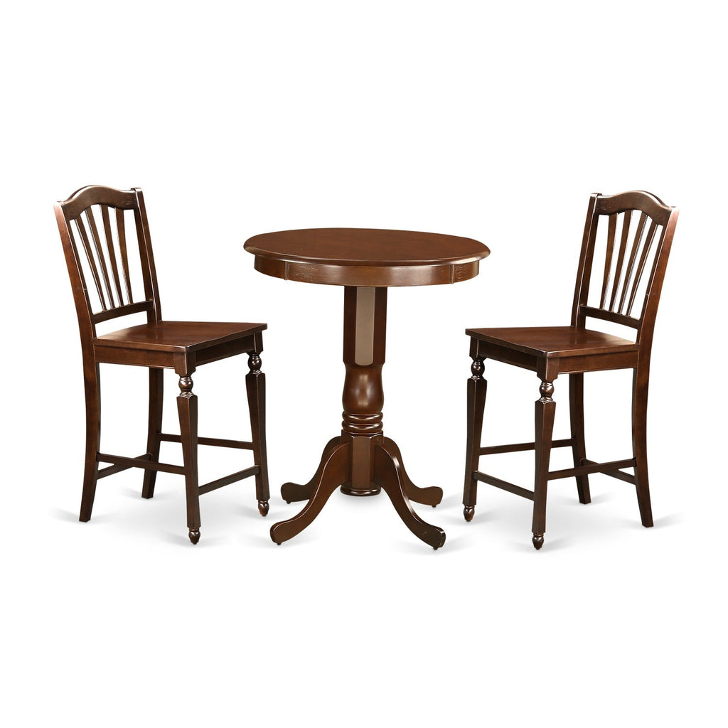 Juego de comedor de 3 piezas East West Furniture EDCH3-MAH-W con altura de mostrador para espacios pequeños. Incluye una mesa de cocina redonda con pedestal y 2 sillas de comedor.