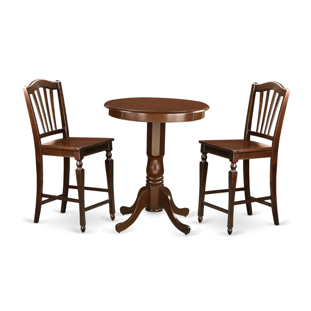 East West Furniture EDCH3-MAH-W 3 Piece Counter Height Dining Set for Small Spaces Contains a Round Kitchen Table with Pedestal and 2 Dining Room Chairs, 30x30 Inch, Mahogany