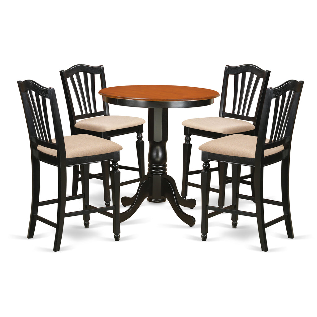 East West Furniture EDCH5-BLK-C 5 Piece Counter Height Dining Table Set Includes a Round Kitchen Table with Pedestal and 4 Linen Fabric Dining Room Chairs, 30x30 Inch, Black & Cherry
