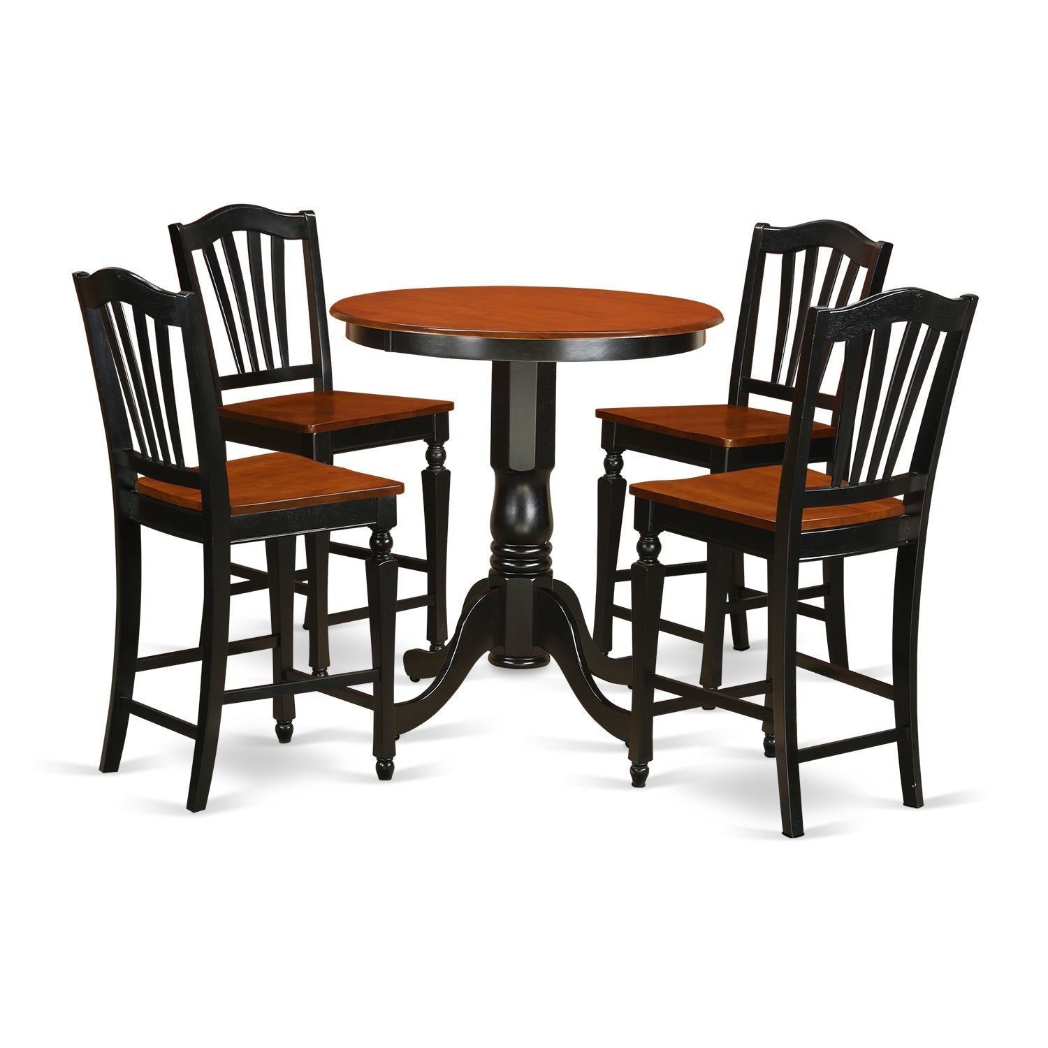 Juego de mesa de comedor de 5 piezas East West Furniture EDCH5-BLK-W con altura de mostrador. Incluye una mesa de cocina redonda con pedestal y 4 sillas de comedor.