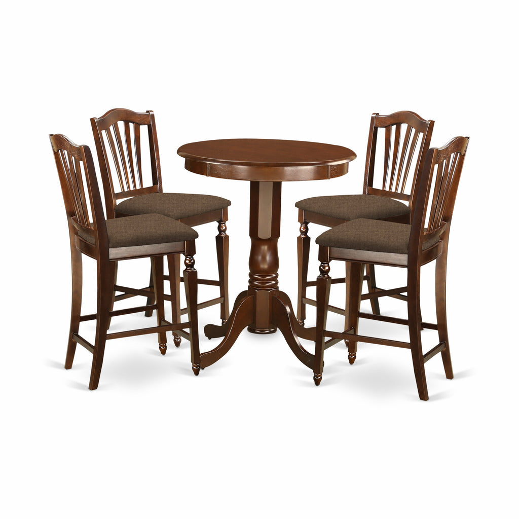 Juego de comedor de 5 piezas East West Furniture EDCH5-MAH-C con altura de mostrador. Incluye una mesa de comedor redonda con pedestal y 4 sillas de cocina tapizadas en tela de lino.
