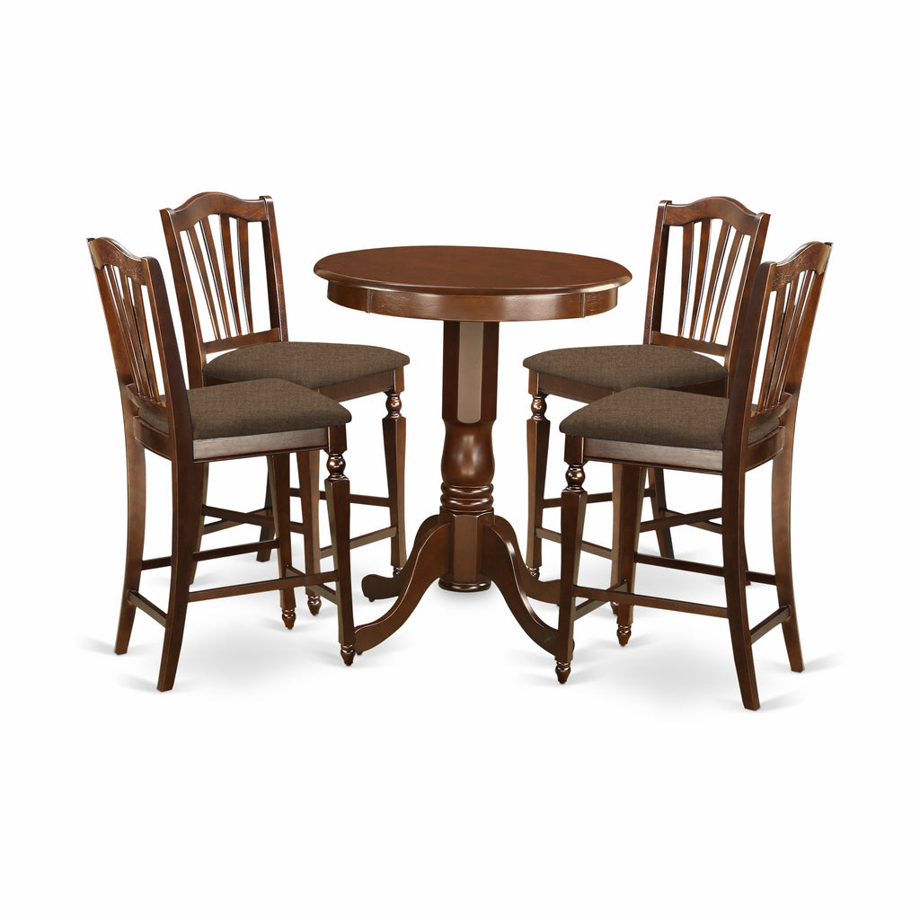 East West Furniture EDCH5-MAH-C 5 Piece Counter Height Dining Set Includes a Round Dining Table with Pedestal and 4 Linen Fabric Upholstered Kitchen Chairs, 30x30 Inch, Mahogany