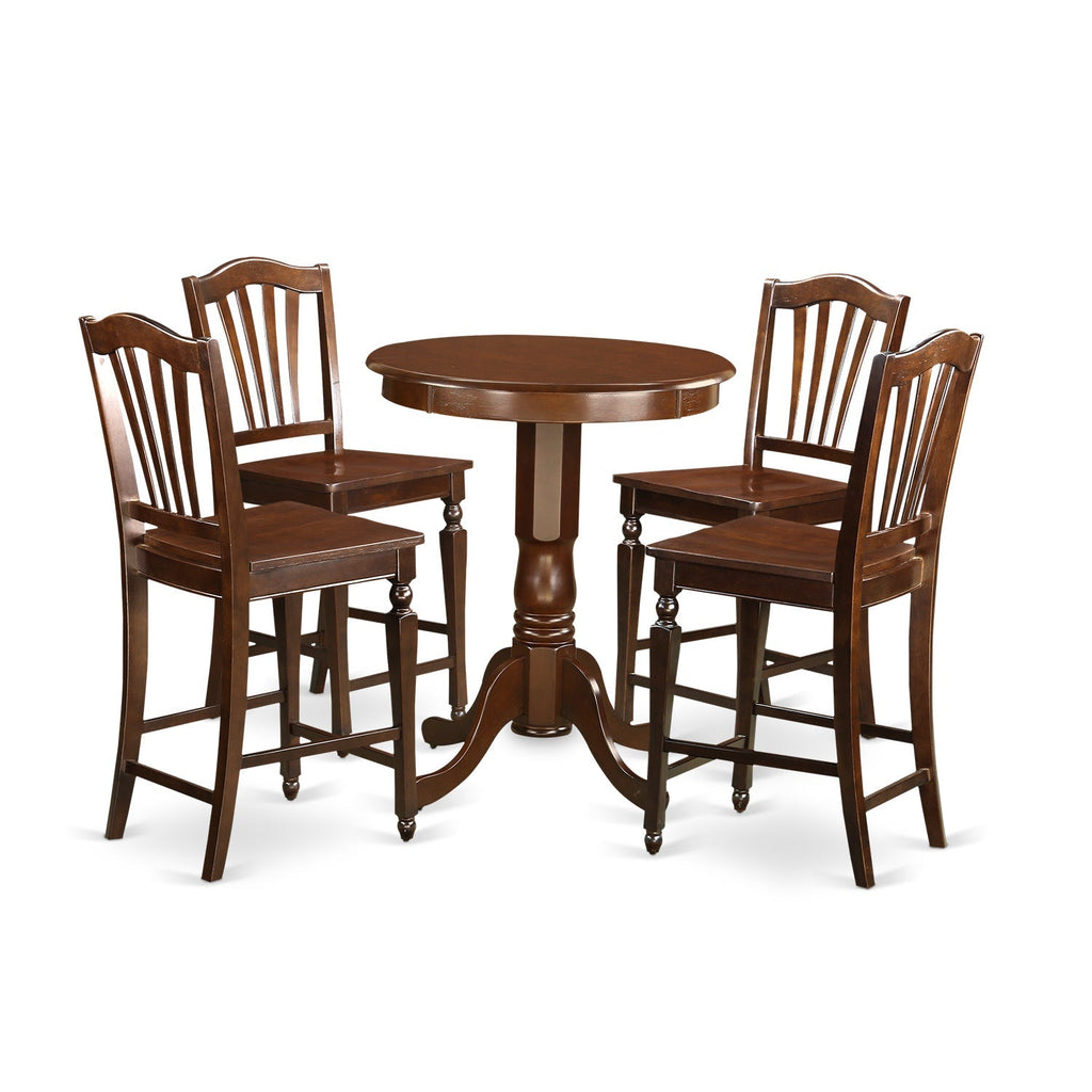 East West Furniture EDCH5-MAH-W 5 Piece Kitchen Counter Height Dining Table Set  Includes a Round Wooden Table with Pedestal and 4 Dining Chairs