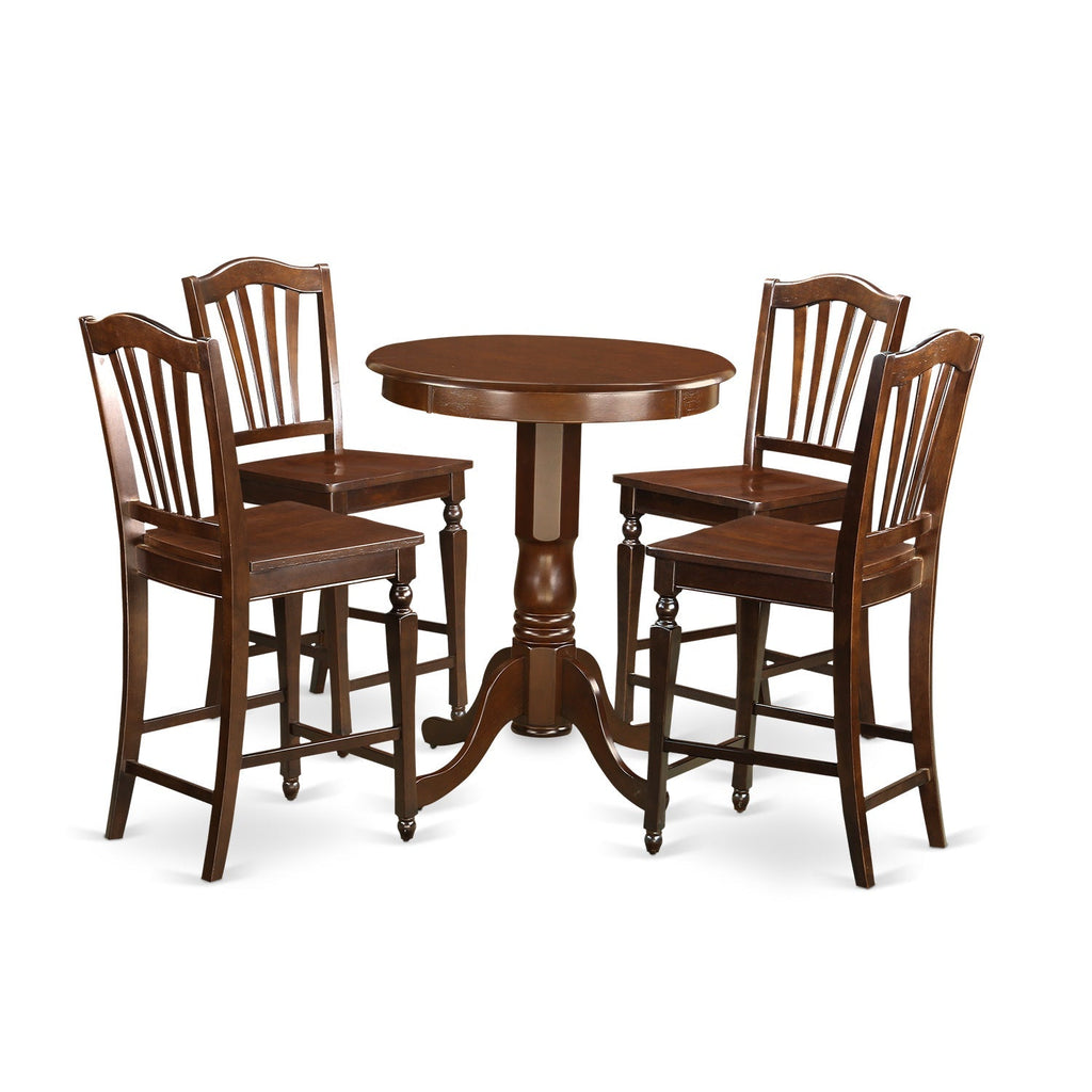 East West Furniture EDCH5-MAH-W 5 Piece Kitchen Counter Height Dining Table Set  Includes a Round Wooden Table with Pedestal and 4 Dining Chairs, 30x30 Inch, Mahogany