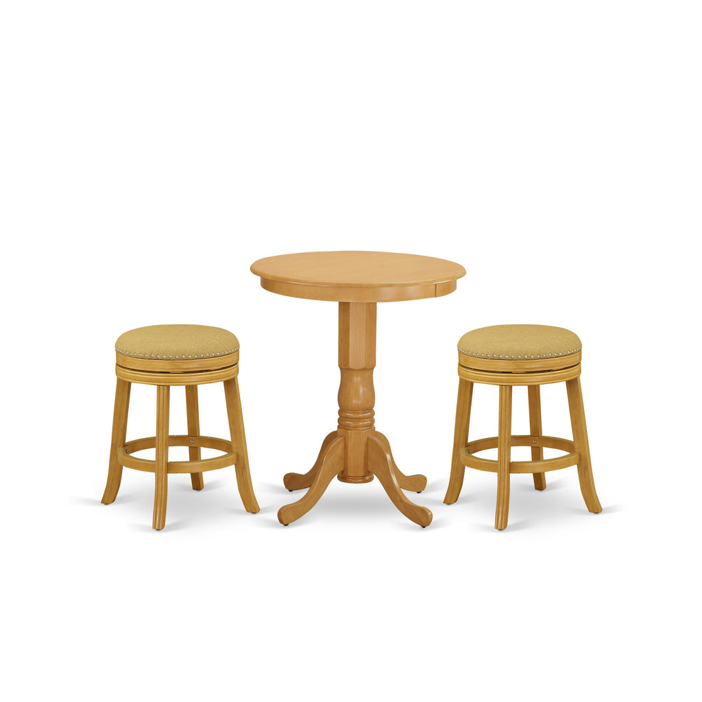 East West Furniture EDDV3-OAK-16 3 Piece Counter Height Dining Table Set Contains a Round Kitchen Table with Pedestal and 2 Backless Stools