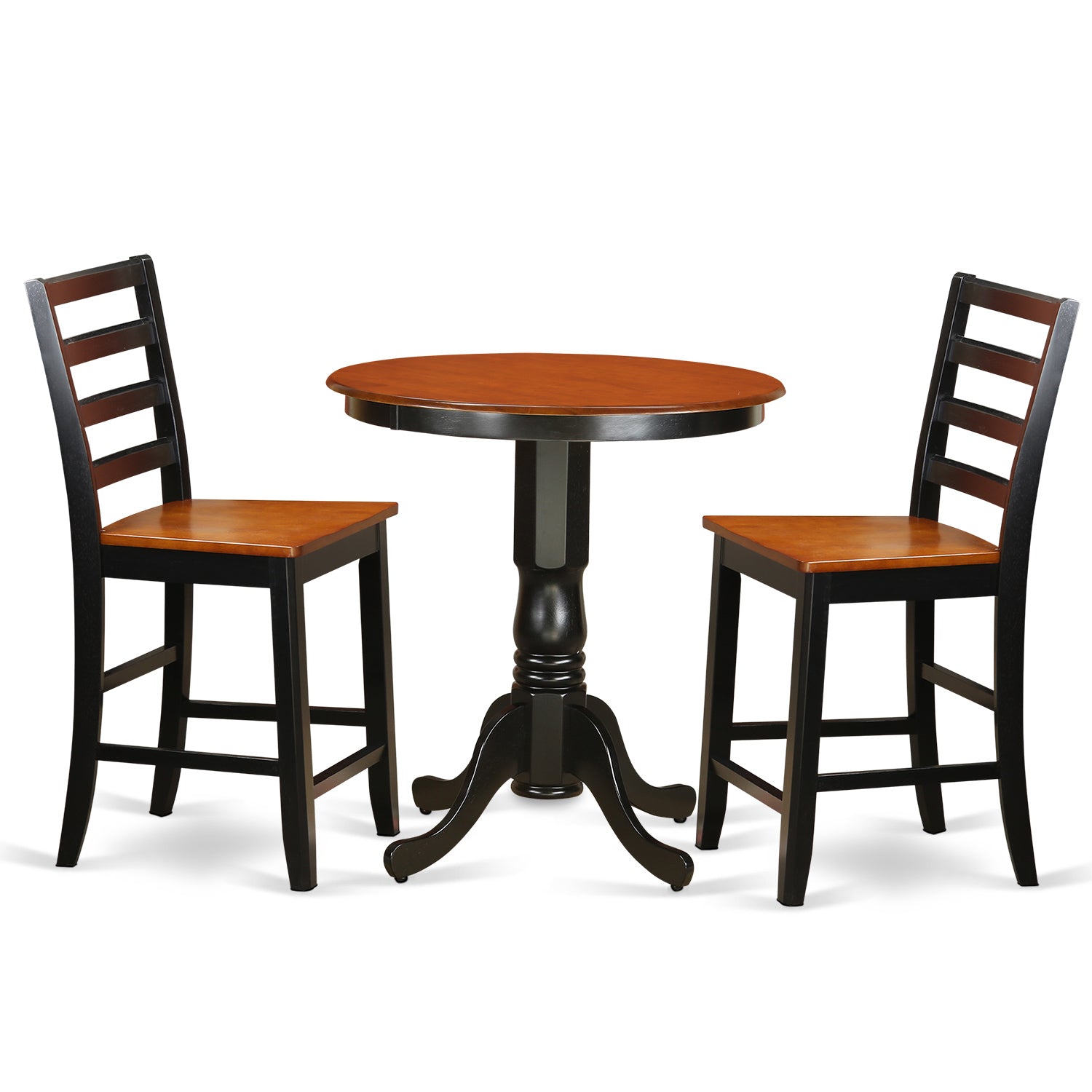 Juego de encimera de cocina de 3 piezas EDFA3-BLK-W de East West Furniture para espacios pequeños. Contiene una mesa de comedor redonda con pedestal y 2 sillas de comedor.