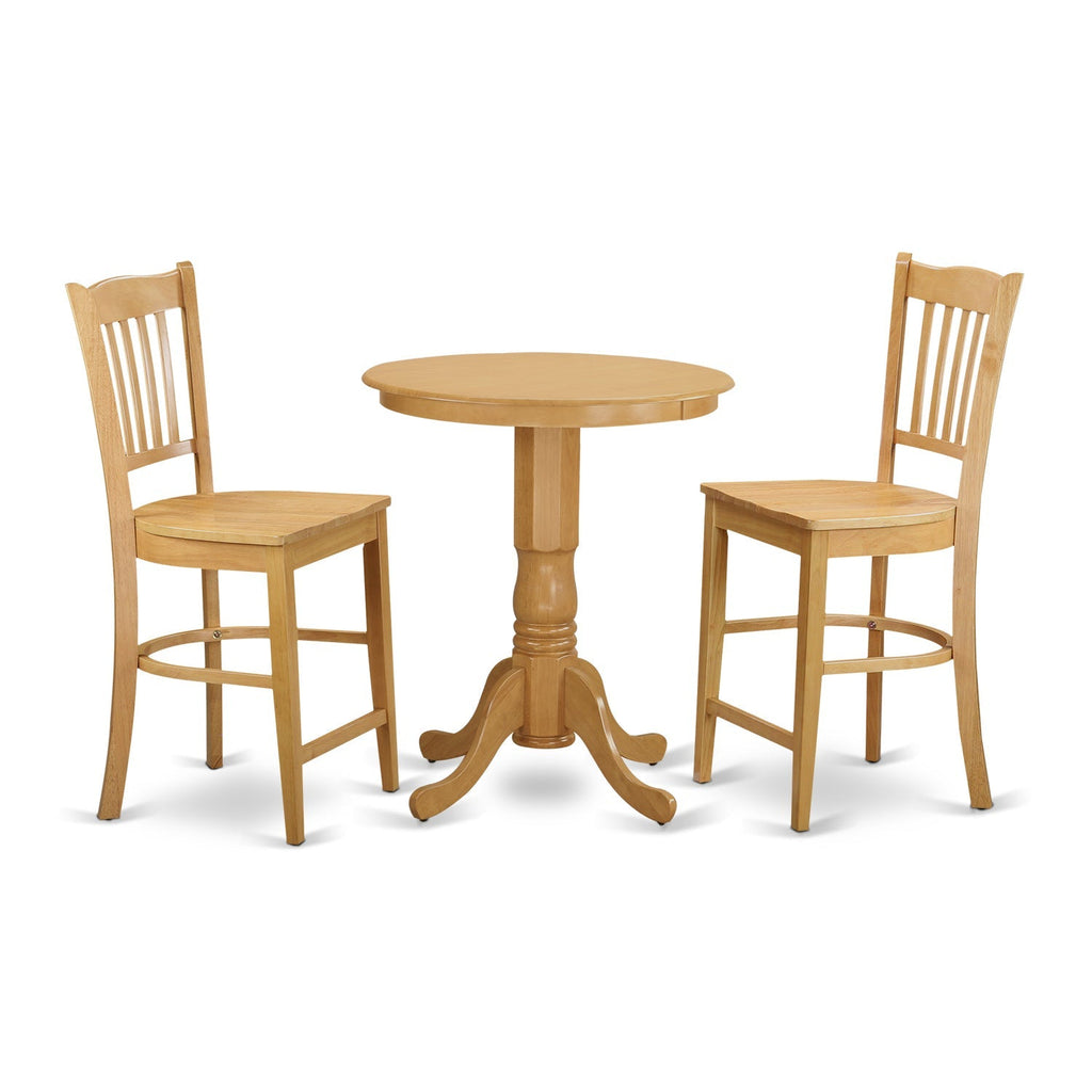 East West Furniture EDGR3-OAK-W 3 Piece Kitchen Counter Height Dining Table Set  Contains a Round Wooden Table with Pedestal and 2 Dining Chairs, 30x30 Inch, Oak