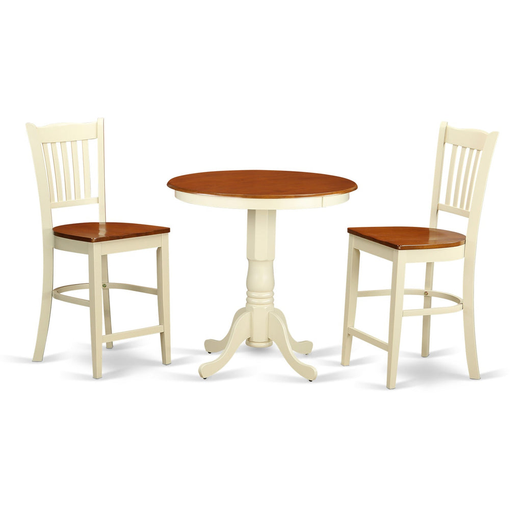 East West Furniture EDGR3-WHI-W 3 Piece Kitchen Counter Set for Small Spaces Contains a Round Dining Room Table with Pedestal and 2 Dining Chairs